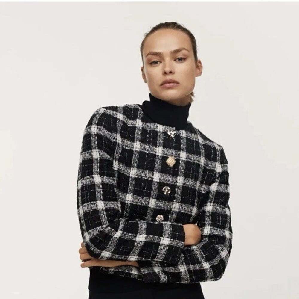 MNG Mango Tweed Crop Jacket Black White Small Multi Design Buttons Check Plaid